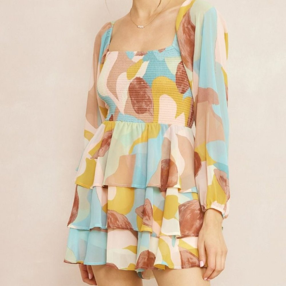 NWT Entro Mocha Combo Printed Square Neck Tiered Romper
